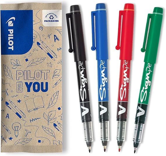 Pilot 2.0 mm V-Sign Pen Liquid Ink Tip - Black/Blue/Red/Green (Pack of 4)