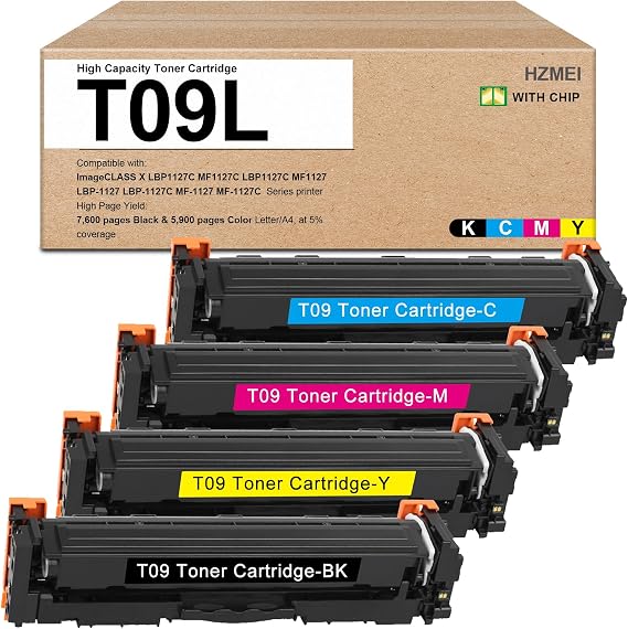 EVEINK Extra High Capacity T09L T09 Toner Cartridges with New Chip Compatible with Canon T09 Toner for ImageCLASS X LBP1127 LBP1127C MF1127 MF1127C Series Printers,Black,Cyan,Magenta,Yellow