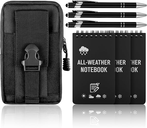 7 PCS Waterproof Notebook Set, 3 Write in the Rain Notebook & 3 Write in the Rain Pen and Waterproof Multi Functional Waist Pack, Field Notebook Kit for Outdoor Activities Recording (Black)
