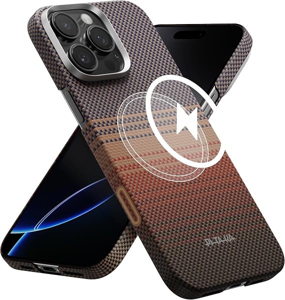 PITAKA iPhone 16 Pro Max Case, MagSafe Compatible, Top and Bottom Cover, Aramid Fiber, Supports Wireless Charging, Shockproof, Thin, Carbon Style, Stylish Sunset Pattern