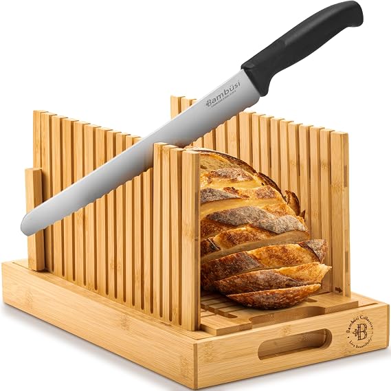 Bread Slicer for Homemade Bread with 10-Inch Serrated Bread Knife Adjustable Width Bamboo Bread Cutter for Loaves, Bagels, Cakes Cutting Guide with Crumb Tray