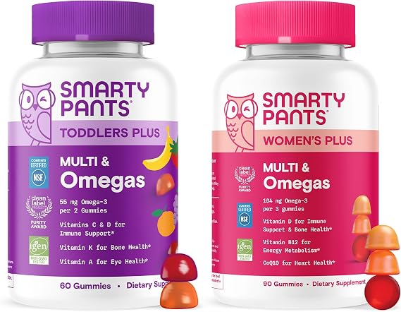 SmartyPants Mom & Toddler Daily Nutrition Bundle: Womens + Toddler Multivitamin Gummies with Omega-3 DHA/EPA, Vitamins D3, B12, A & Zinc Gluten Free, Non-GMO, 90 & 60 Count (Pack of 2