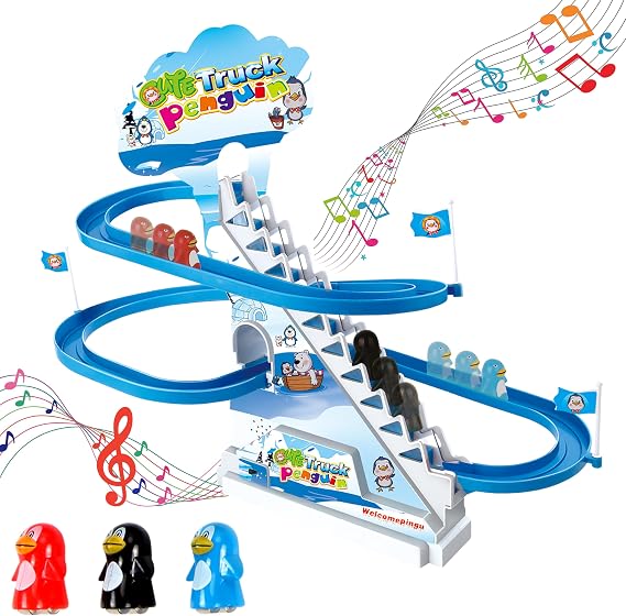 ARSUK Penguin Race Game Toy Playful Musical Roller Coaster Track Playset with Music & LED Flashing Lights On/Off Button for Toddlers and Kids Gift