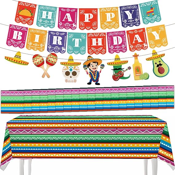 23PCS Mexican Fiesta Party Decorations Set, Colorful Tablecloth with Happy Birthday Banner & 20 Napkins for Cinco de Mayo Day of Dead
