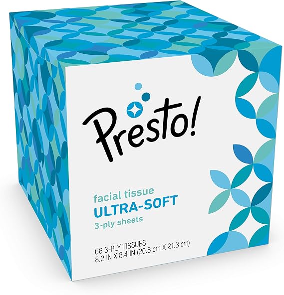 Amazon Brand - Presto! Ultra 3-Ply Facial Tissue, Thick and Strong, 66 Count, Pack of 1
