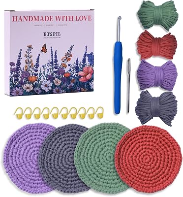 ETSPIL 4-Pack DIY Crochet Kit for Beginners - Circular Coaster Crochet Starter Set with, Yarn, Hooks & Tools for Adults & Teen
