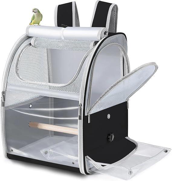 Sanmoncare Bird Backpack Carrier, Water Repellent Fabric Cockatiel Travel Bag with Stand, Lightweight and Portable Travel Cage for Parrot, Bird Travel Carrier, Black