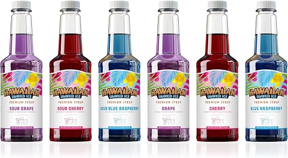 Hawaiian Shaved Ice Syrup Cherry, Grape, Blue Raspberry Pints bundled with 3 Sour Pints