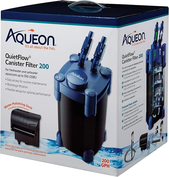 Aqueon QuietFlow Canister Aquarium Filter, Up to 55 Gallons (ECOM) | 55 gallon fish tank filter with biological, chemical and mechanical stages, spray bar and polishing unit