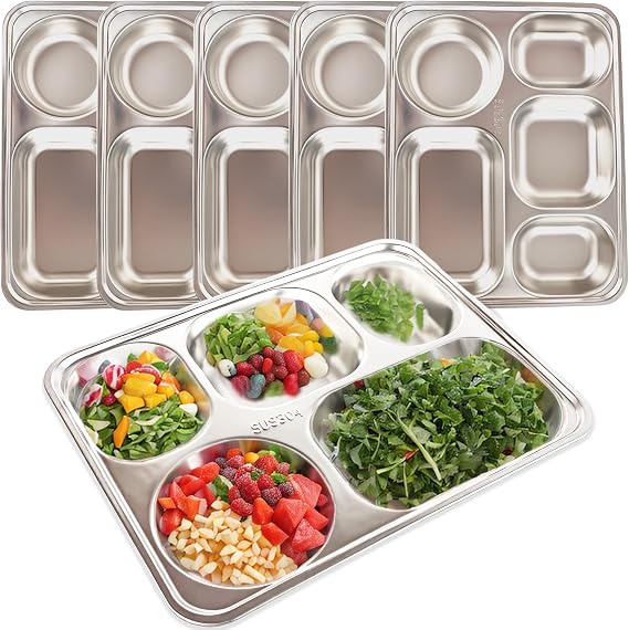 6 Pack Stainless Steel Divided Plates Tray 5 Section Rectangular Dinner Plates Unbreakable Stainless Steel Serving Platter Control Plate for Adults Picky Eaters Campers Portion Control
