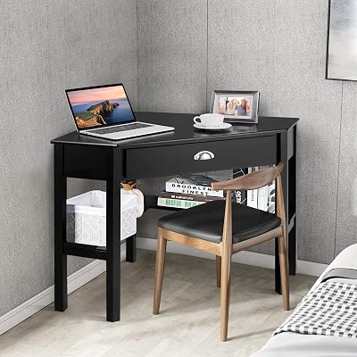 Corner Desk, Triangle Desk with Drawers and Shelves, Wood Corner Console Table, Vanity Table with Storage, Corner Writing Desk, Small Corner Desks for Small Spaces Black