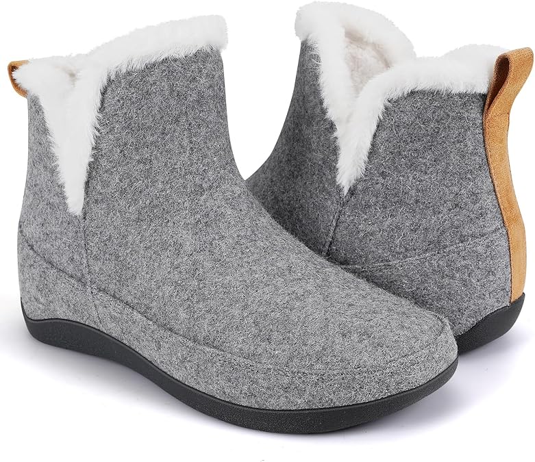 ERGOfoot Slipper Boots With Arch Support for Women Men, Comfy Plantar Fasciitis Orthopedic Slippers for Indoor Outdoor, Wool Felt Slipper Booties with Warm Cozy Plush Faux Fur Lining/Grey W9/M8