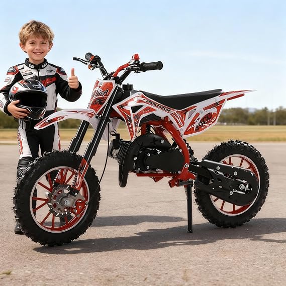 Gas Power Motocross, 49cc 2-Stroke Kids Dirt Bike, Off Road Mini Motorcycle, Pocket Motorbike with Front Rear Disc Brakes, Motorbike for Kids, Racing Max Speed 40KM/H (Red)