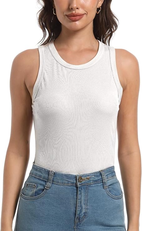 VERACT Women's Sleeveless Full Length Fitted Racerback Workout Crew Neck Basic Tank Top