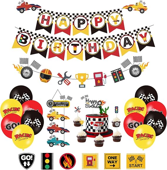 Race Car Birthday Decorations, Let's Go Racing Party Supplies with Birthday Banner, Welcome Hanger, Car Party Signs, Cake Toppers, Balloons for Kids Racing Game Party Events