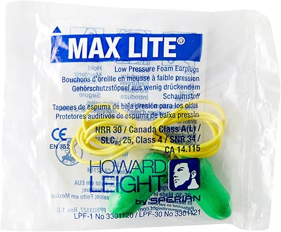 Howard Leight LPF30 Max Lite Corded Earplugs, Green, Pack of 100 Pairs