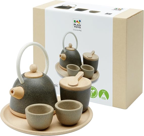 PlanToys Wooden Classic Tea Set for Montessori Inspired Pretend Play | Social Interaction, Communication and Imaginative Role Play | Eco Friendly Wooden Tea Time Set for Creative Learning