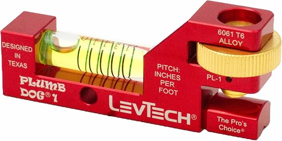 LEVTECH Plumbers' Gradient 1-Vial Compact Level, with Elastic Pipe Strap and Thumbwheel PL1 Replaceable Vial Compatible Slotted Screwdriver