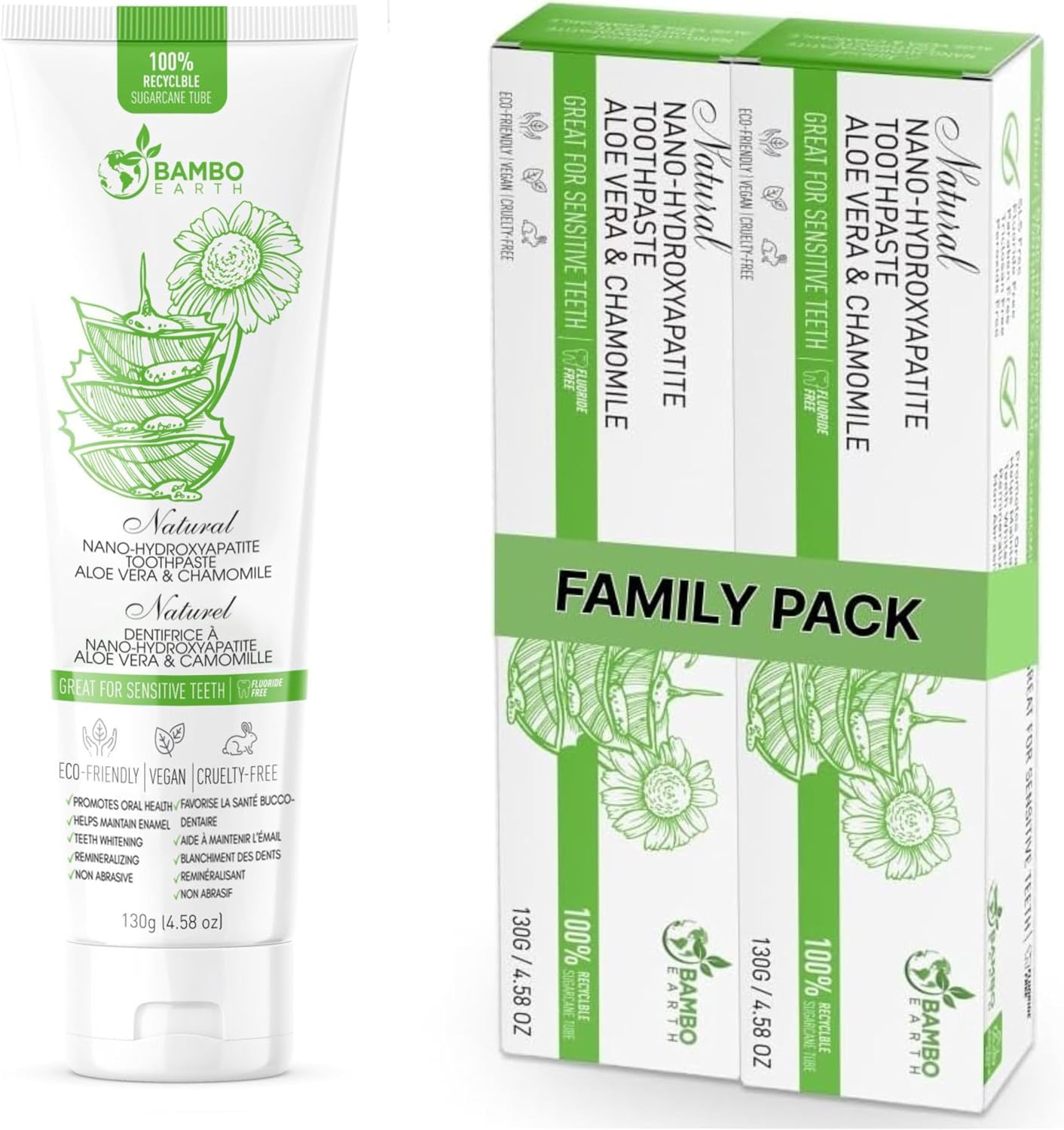 Natural Fluoride Free Toothpaste - Nano Hydroxyapatite, Remineralizing, Sensitive Teeth, Whitening & Zero Waste Tube - Dentist Recommended for Adult & Kids Oral Aloe Vera & Chamomile 2 Pack, Aloe