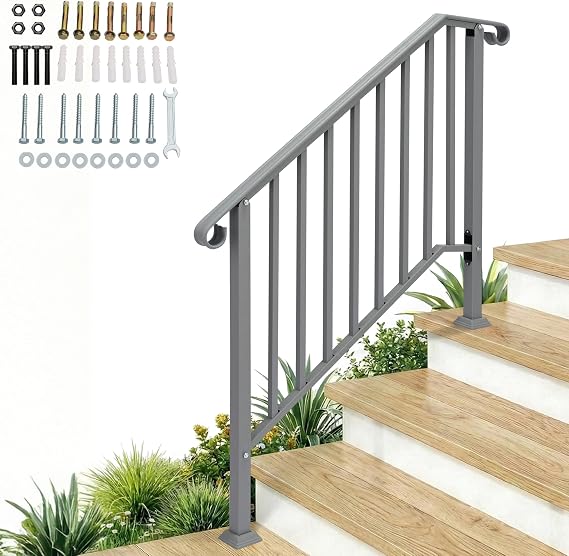 Outvita Handrails for Outdoor Steps, Wrought Iron Handrail Fits 2 or 3 Steps, Transitional Handrail with Installation Kit & Waterproof Cover, Stair Railing for Concrete Steps or Wooden Stairs(Sliver)