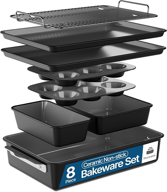 Bakken 8-Piece Ceramic Coated Bakeware Sets, Nonstick Aluminized Steel Pans with Muffin, Loaf, Cake, Roasting Pan, Cooling Rack, Oven Safe Up To 500F, Dishwasher Safe, BPA, PTFE & PFAS Free, Black