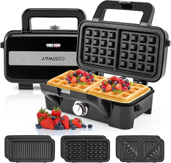 COSTWAY 1200W Waffle Maker with Removable Non-Stick Plates | Panini Grill Press with 5-Gear Temperature Control, 3-in-1 Sandwich Maker for Breakfast