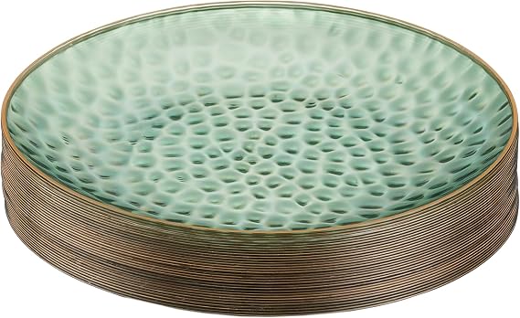 PLASTICPRO 30 Pack Hammered Plastic Plates Heavyweight Disposable Plastic Plates Elegant Clear Hammered Rim Platsic Party Dishes (Hamered Green With Gold Rim, 10'' INCH PLATES)