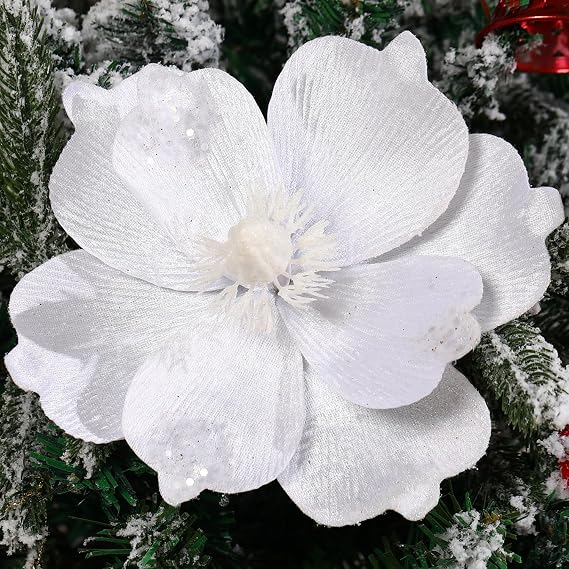 QINGMIAO 10 Large Glitter Christmas Flowers 6 Pcs Artificial Magnolia Flower Velvet Fold Christmas Tree Flower Decorations Xmas Tree New Year Party Wedding Ornaments (White)