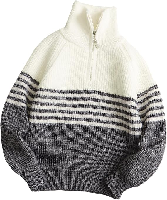 Happy Cherry Boys Striped Knit Sweater Long Sleeve Half Zip Pullover Shirt Mock Neck Sweatshirt for Winter Fall 5-12Y