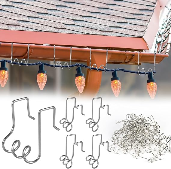 52PCS Gutter Light Hooks, Metal Gutter Clips Corkscrew Shaped Christmas Gutter Clips for Hanging Outdoor Lights, Hanging String Light Hooks for Christmas Halloween Bulb Ornament Hanger Outside Decor