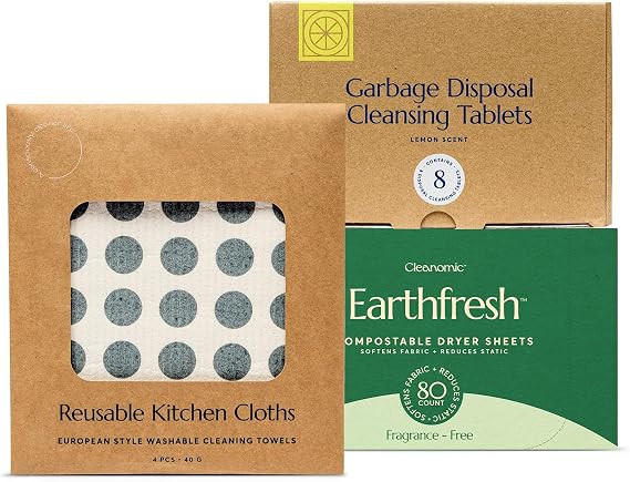 CLEANOMIC Reusable Kitchen Cloth, Garbage Disposal Cleaner & Fabric Softener Sheets Bundle