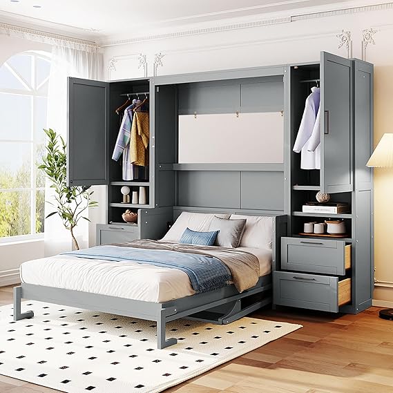 Full Size Murphy Bed Wall Bed with Closet, Drawers and Shelves, Gray