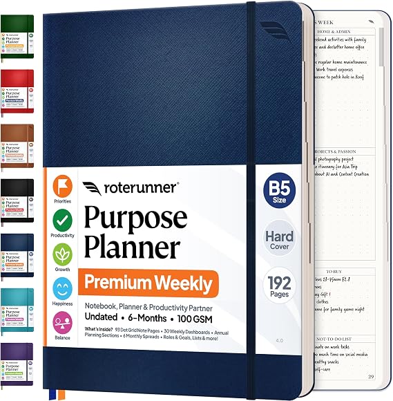 Roterunner Purpose Planner Notebook B5 7.5x9.8 Undated Planner 2026 Daily Weekly and Monthly Productivity Goal Setting Tool for Work Home ADHD Planner for Adults Self Care Journal