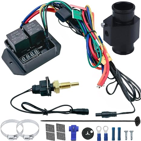 104-230'F Digital Adjustable Dual Electric Cooling Fan 1/8 Inch NPT Thread-in Thermostat Sensor Switch Temperature Controller Radiator Hose Adapter Wiring Kit (34mm)