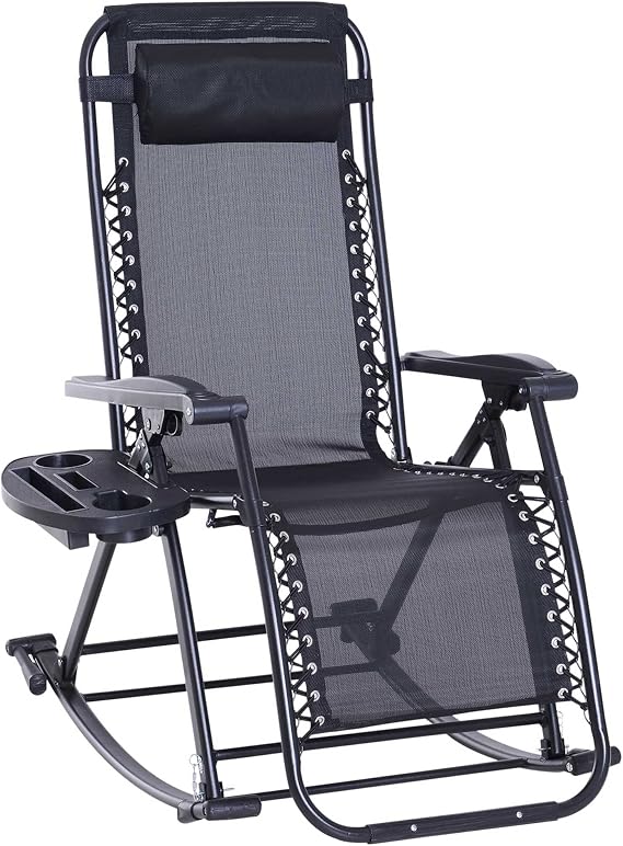 Outsunny Outdoor Rocking Chairs Zero Gravity Lounge Rocker Black | Foldable Reclining, Pillow Included, Cup & Phone Holder, Combo Design, Folding Legs