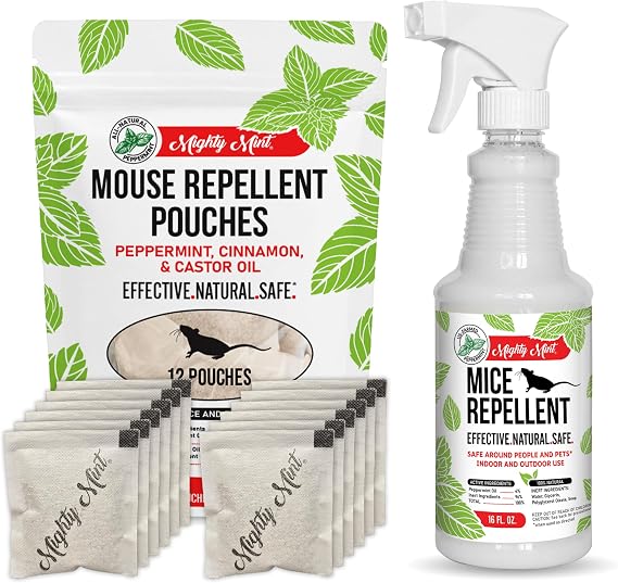 Mighty Mint Mouse Repellent Pouches & Mice Repellent Spray Bundle