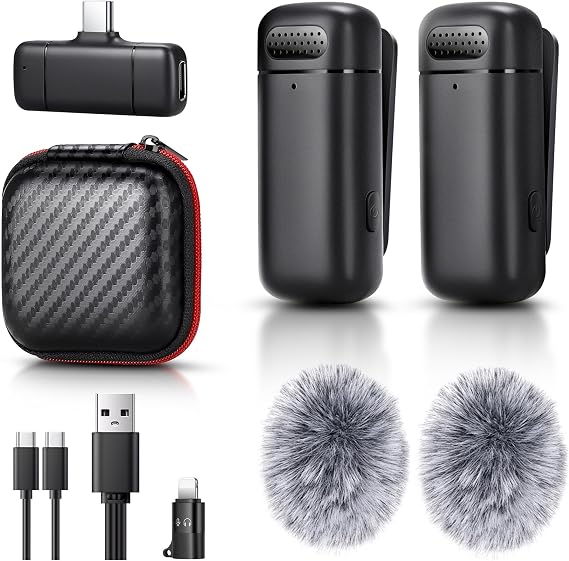 Mini Wireless Lavalier Microphone for iPhone/Android/Laptop, Plug & Play mini Mic with USB C Receiver and Lightning Adapter, Noise Reduction Clip on Wireless Microphone for TikTok, YouTube