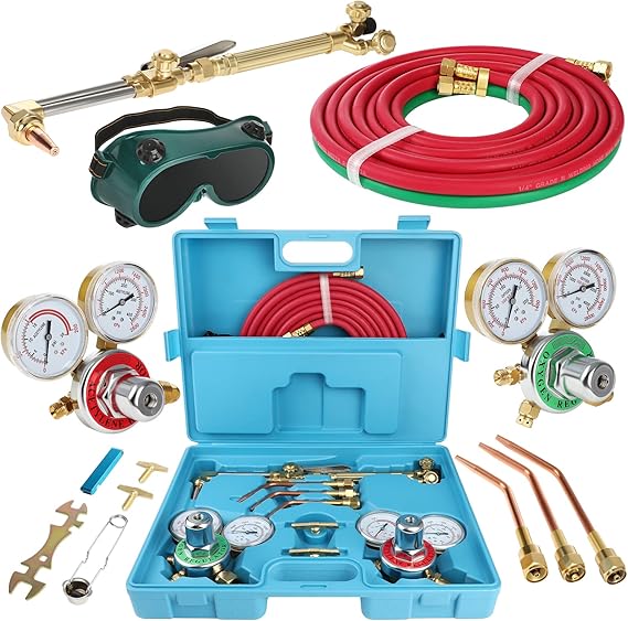 Cutting Welding Torch Kit, Oxygen Acetylene Torch Kit, Oxy Acetylene Torch | Portable Oxy Brazing Kits, Professional Welder Tool Set with Two Hose, Regulator Gauges, Storage, Blue Case