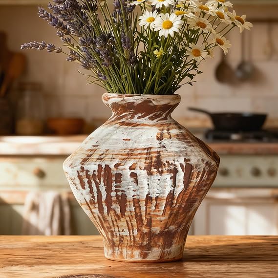 Ceramic Vase, Rustic Brown 6.5" Textured Vase for Pampas Grass, Home Decor