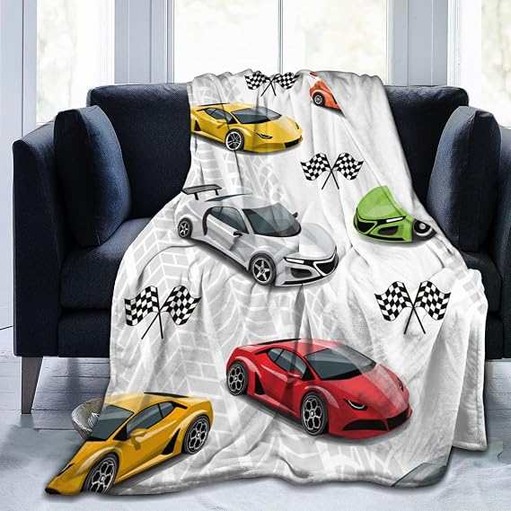 Racing Car Theme Throw Blanket for Kids,Multicolor Sport Race Cars Fuzzy Plush Blanket for Boys Gift, Car Flannel Blanket with Race Checkered Flag for Children Teen 100x130cm(40x50 Inch)