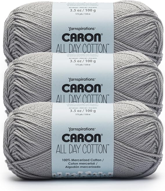 Caron All Day Cotton Yarn for Crocheting, Cloud Gray, 3-Pack