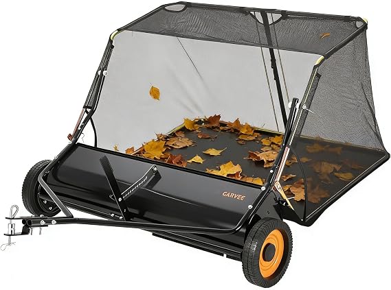 Tow Behind Lawn Sweeper, 44 Inch Pull Behind Lawn Sweeper, 26 cu. ft. Hopper Bag Capacity Leaf & Grass Collector, Garden Sweeper with Dumping Rope Design, Adjustable Sweeping Height for Lawn Farm