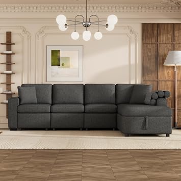 Modern 109.8" L-Shaped Sectional Sofa with Storage Chaise and Cup Holder, Chenille Upholstered Modular Couch Indoor Sofa with Type C and USB Ports for Living Room (Black-CN)