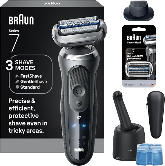 Braun Series 7 Electric Shaver for Men, Wet & Dry Foil Razor, 4-in-1 SmartCare Clean & Charge Center, Precision Trimmer Attachment, Replacement Shaver Head, Travel Case, Grey 7187ps
