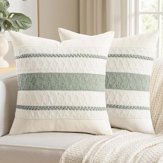 Set of 2 Decorative Pillow Covers Boho Farmhouse Couch Throw Pillows Modern Cotton Cushion Covers Macrame Woven Spring Home Decor for Bed Sofa Chair 18x18 Inch Sage Green