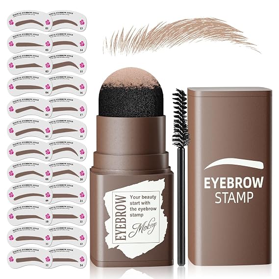 Eyebrow Stamp Stencil Kit, Eyebrow Stencils for Shaping, Light Brown | Eyebrow Stamp Kit Waterproof, Brow Shaping Kit with Brush, 24 Reusable Eyebrow Stencils Long-wear for Natural Eyebrow Color