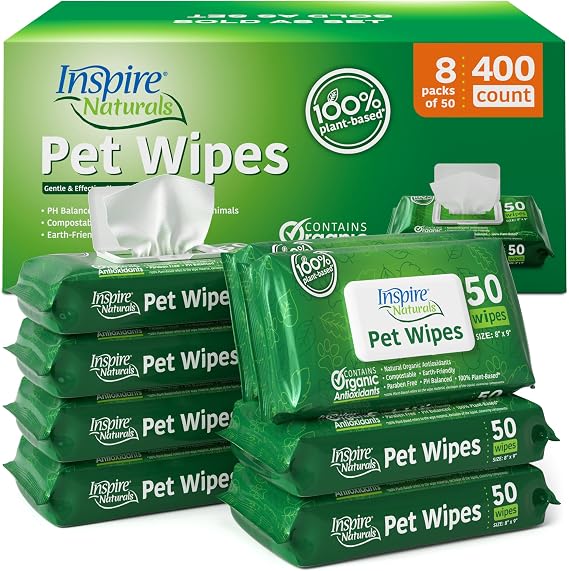 Inspire Naturals Pet Wipes for Dogs and Cats 100% Natural Plant Based with Organic Antioxidants, Dog Wipe Cleaning Deodorizing | Puppy Wipes | Dog Wipes for Paws and Butt (400ct - 8 Pack)