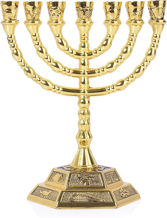 BRTAGG Menorah 7 Branch, 12 Tribes of Israel, Jerusalem Temple Jewish Candle Holder (13cm, Gold)