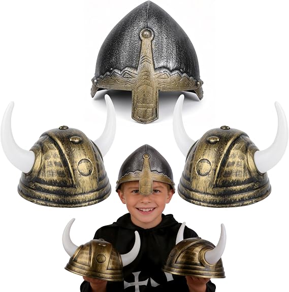 3 Pack Medieval Hat ,Viking Helmet with Horns,Nasal Helmet,Norse Warrior or Crusader LARP and Cosplay Costume for Kids