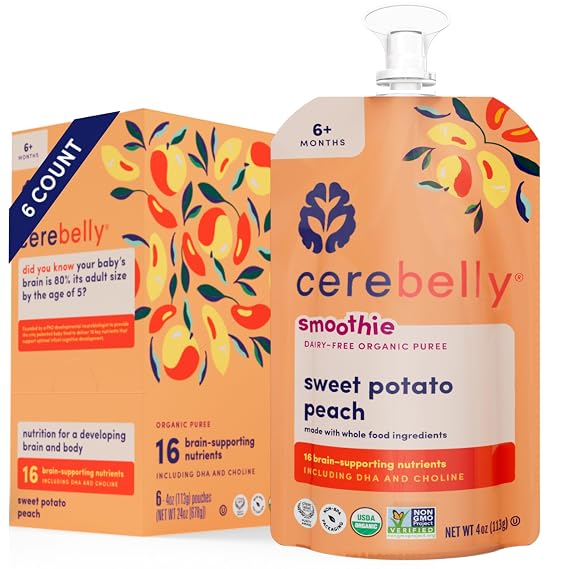 Cerebelly Organic Baby Food Pouches, Sweet Potato Peach Dairy-Free Smoothies, 16 Nutrients, No Added Sugar, Fiber & Non-GMO, 4oz, 6 Pack
